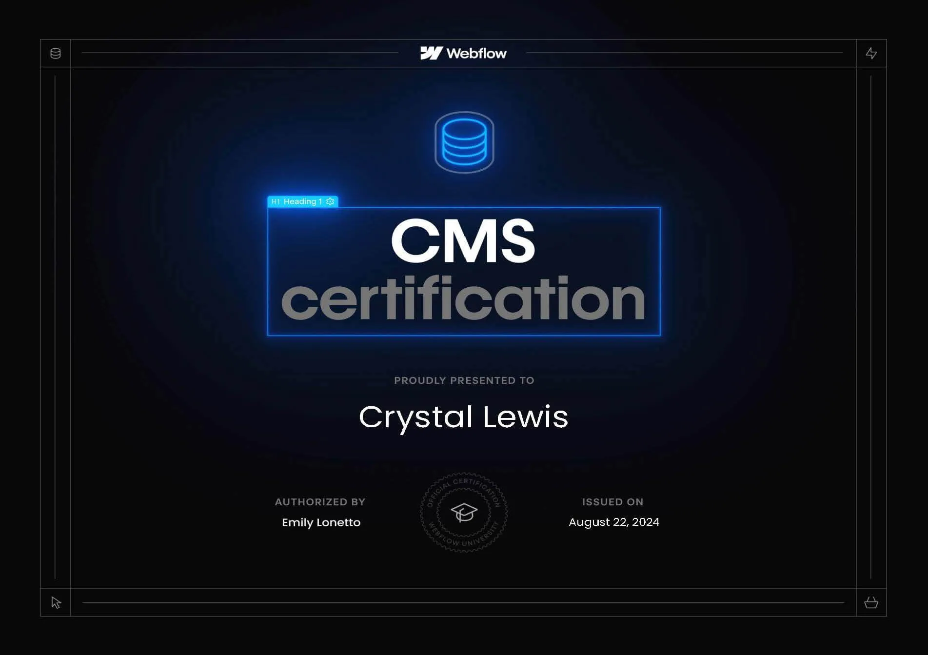 Webflow CMS certificate.