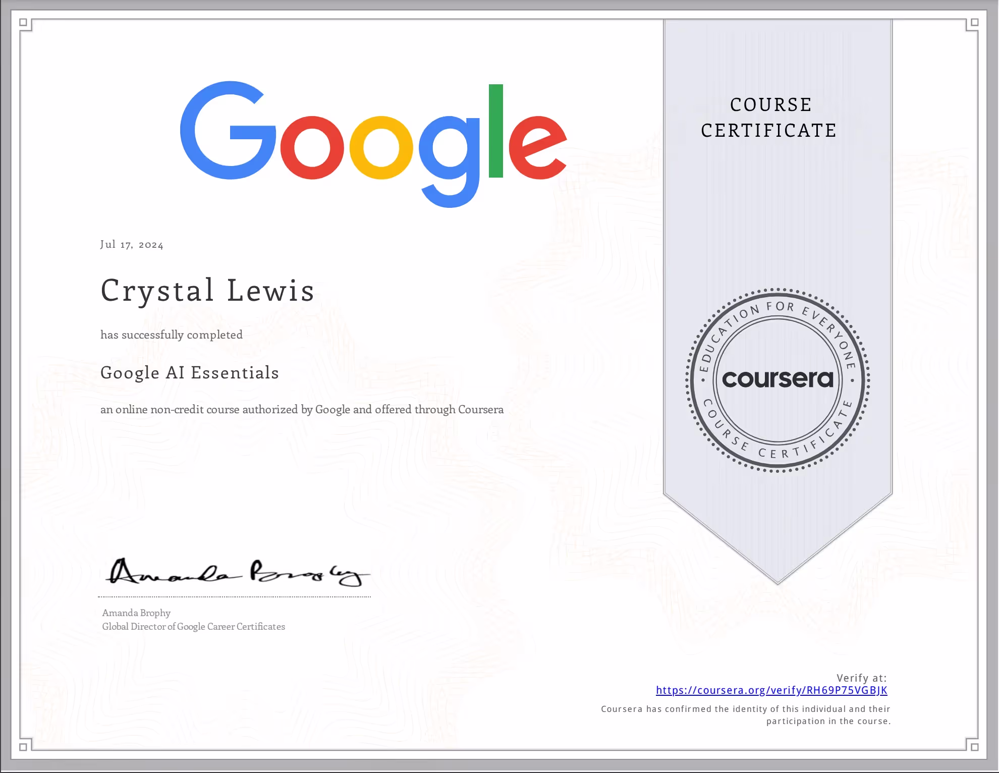 Google AI Essentials certificate.