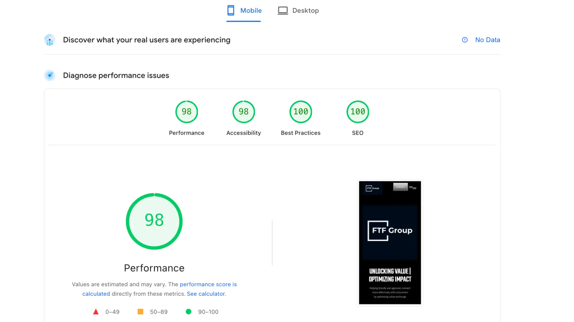 Webflow mobile Lighthouse score screenshot.