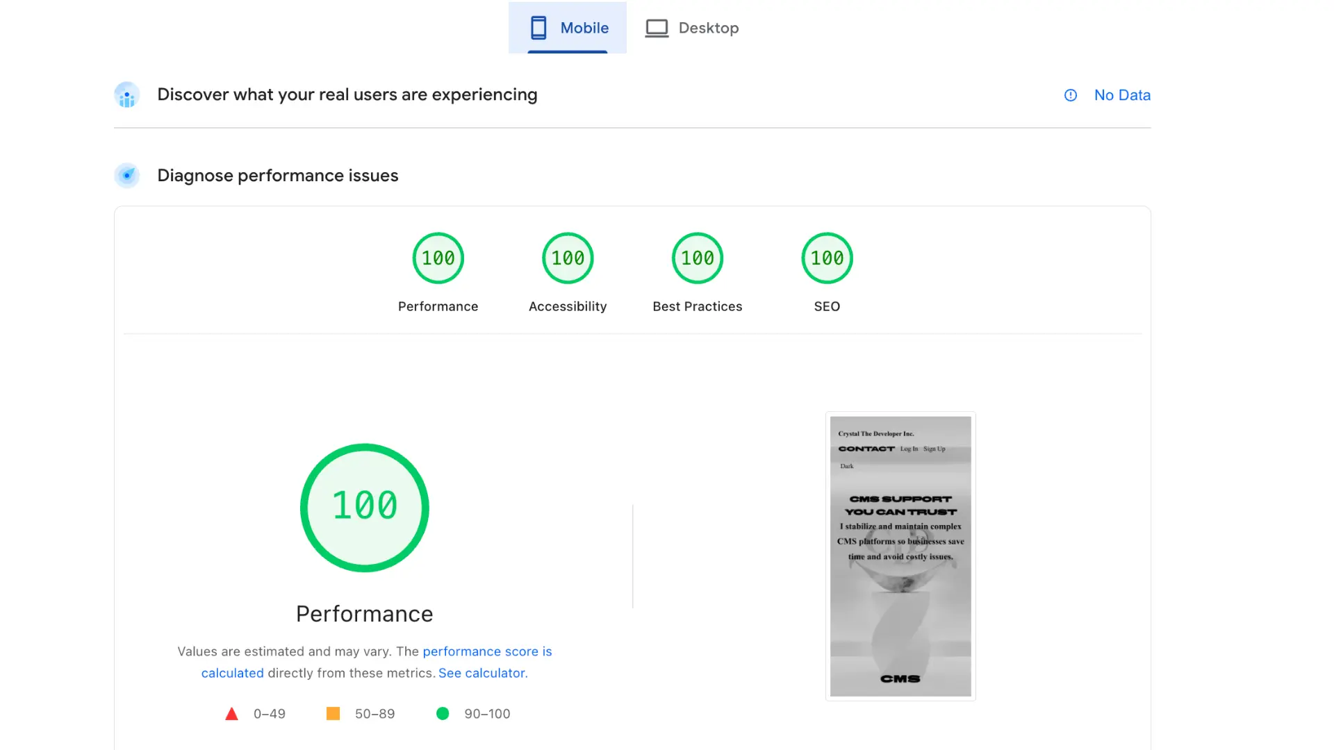 Mobile Lighthouse score screenshot.