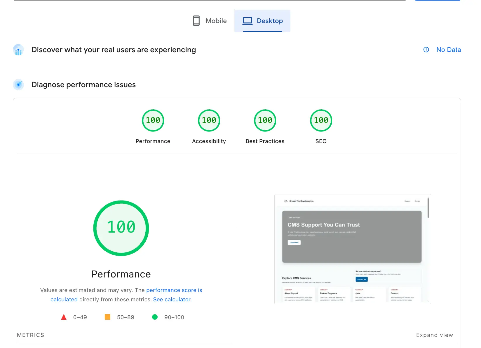 Next.js desktop Lighthouse score screenshot.